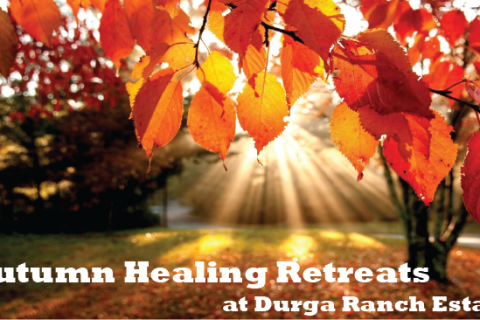 Autumn Leaves with "Autumn Healing Retreats at Durga Ranch Estate" text at the bottom