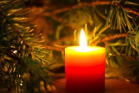 A lit candle surrounded by a fir tree branch
