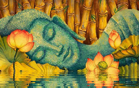 painting of blue buddha laying in water with lotus flowers