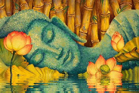 painting of blue buddha laying in water with lotus flowers