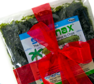 SeaSnax gift card wrapped up in red ribbon with a bow 