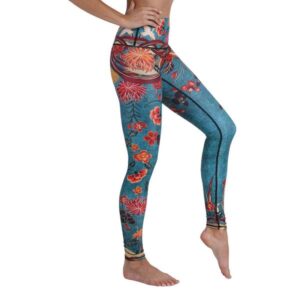 blue leggings with orange, yellow, and red flowers